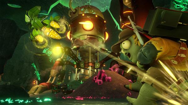 Plants vs. Zombies Garden Warfare 2 screenshot showing a corn plant attacking a zombie near a glowing machine in a cavern.