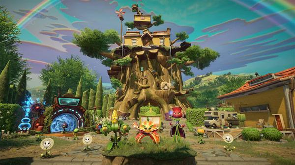 Plants vs. Zombies Garden Warfare 2 screenshot showing colorful plant characters in front of a large treehouse base.