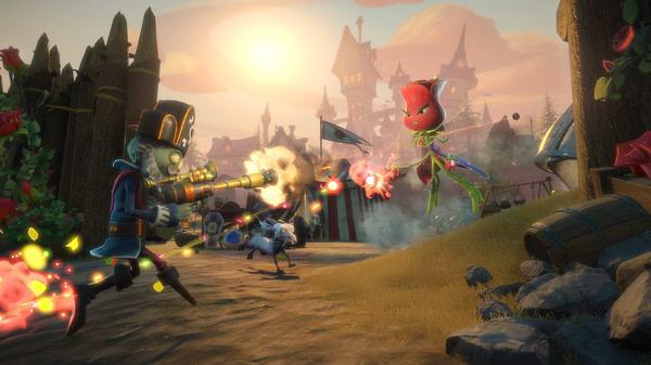 Screenshot from Plants vs. Zombies Garden Warfare 2 showing a pirate zombie battling a plant in a vibrant, castle-themed setting.