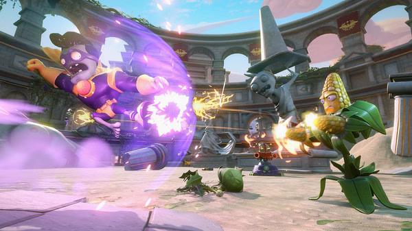 Screenshot from Plants vs. Zombies Garden Warfare 2 showing plants battling zombies in an outdoor arena with vibrant effects.
