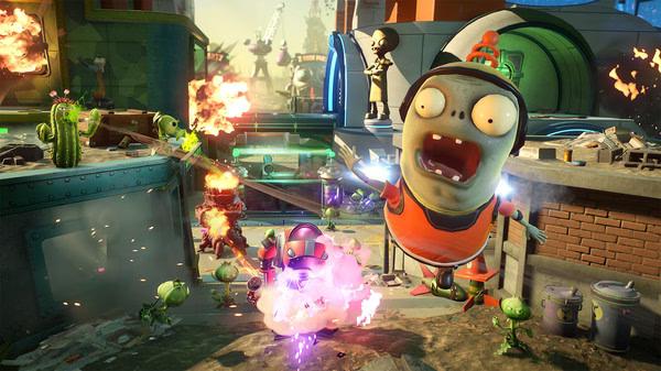Screenshot from Plants vs. Zombies Garden Warfare 2 showing a chaotic battle scene with zombies and plants firing at each other.