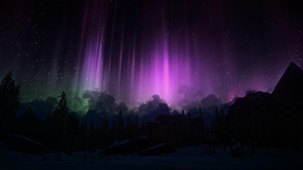 A screenshot from The Long Dark showcasing a stunning night sky with vibrant auroras over a snowy forested landscape.