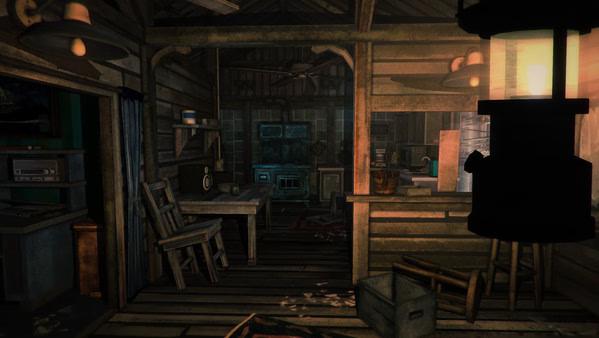 A screenshot from The Long Dark showing the interior of a rustic cabin with wooden furniture, a lantern, and a stove.