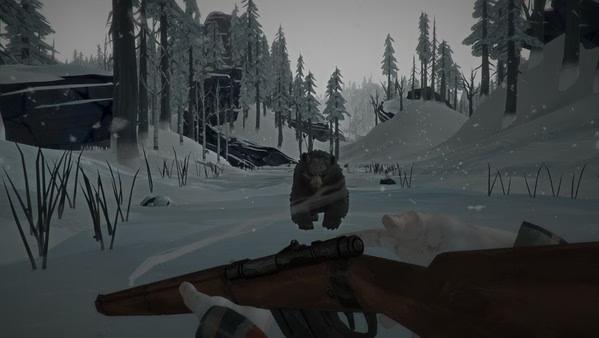 A screenshot from The Long Dark shows a bear charging toward the player, who is aiming a rifle in a snowy forest.