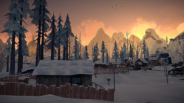 A screenshot from The Long Dark showing a snowy village surrounded by tall pine trees, with mountains and a vibrant sunset in the background.
