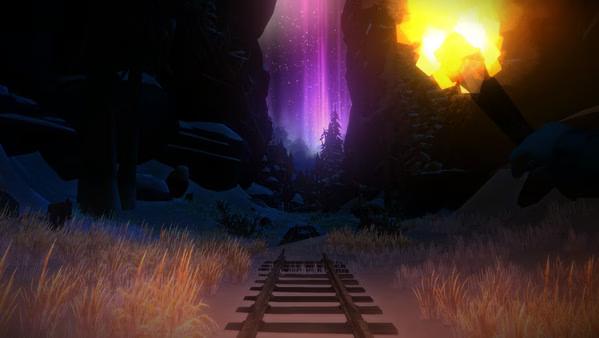 A screenshot from The Long Dark showing a torch-lit railway surrounded by snowy terrain under glowing aurora-lit skies.