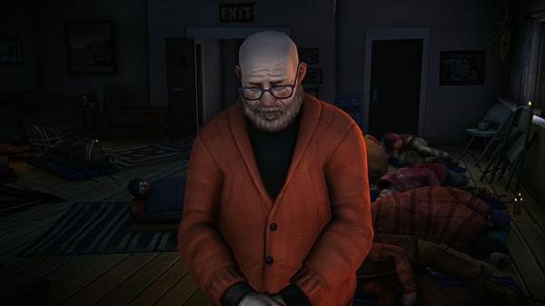 Screenshot from The Long Dark showing a character in an orange coat standing indoors near sleeping figures on the floor.