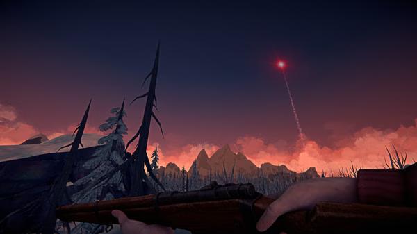 Screenshot from The Long Dark: A player aims a rifle at a red flare shooting into a twilight sky, surrounded by snowy terrain and mountains.