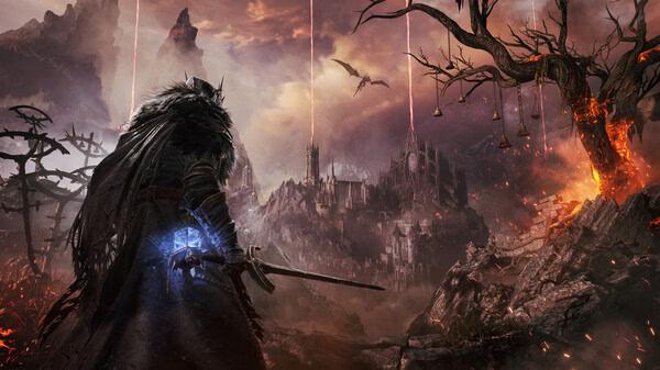A screenshot from Lords of the Fallen showing a warrior with a glowing sword facing a fiery landscape and distant castle.