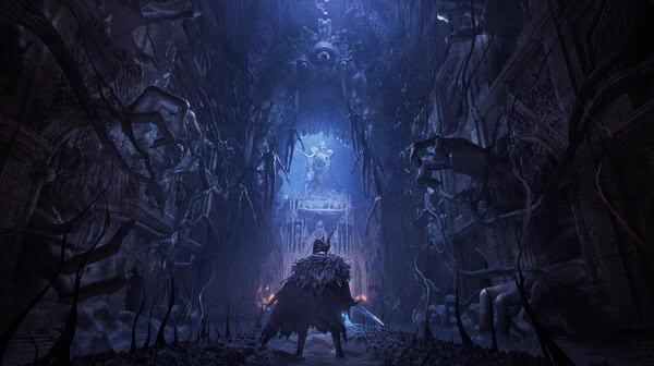 A "Lords of the Fallen" screenshot showing a dark, eerie cathedral with a cloaked figure facing a large glowing statue.
