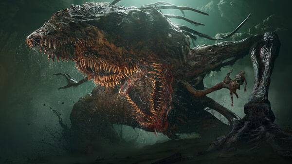 Screenshot from 'Lords of the Fallen' showing a large, menacing creature with sharp teeth in a dark, misty environment.