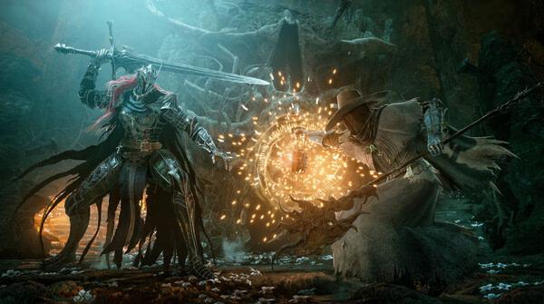 Lords of the Fallen screenshot: Two armored characters engage in a fiery battle under a mystical, dark forest setting.