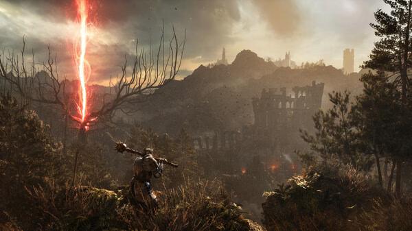 Screenshot from Lords of the Fallen: A warrior faces a fiery red beam in a dark, mountainous landscape with ruins and dense trees.