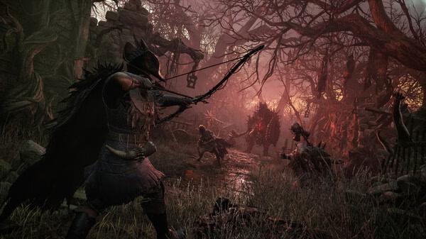 Screenshot from 'Lords of the Fallen' showcasing a lone warrior in dark armor aiming a bow in a shadowy, eerie forest.