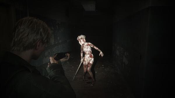 Silent Hill 2 screenshot: A character aims a gun at a menacing, blood-covered nurse creature in a dimly lit hallway.