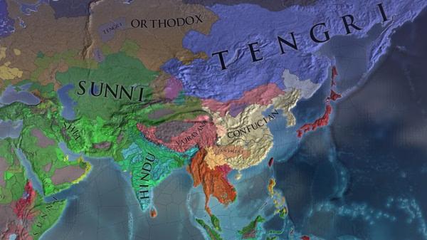 Europa Universalis IV screenshot showing a detailed map of Asia with various religions, including Sunni, Tengri, and Confucian regions.