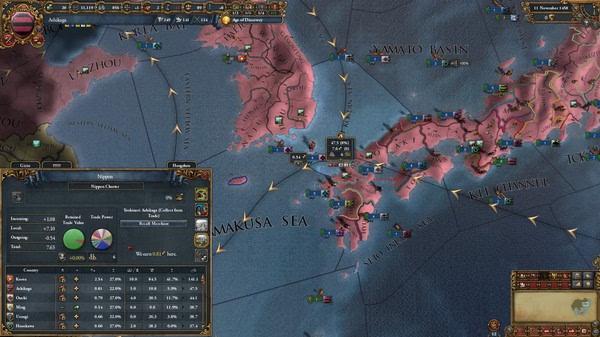 Europa Universalis IV screenshot showing Japan's provinces, trade nodes, and a detailed economy panel with nation statistics.