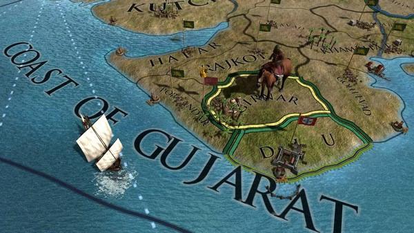 Europa Universalis IV screenshot showing a coastal region with a ship sailing and troops stationed near Surat, labeled "Coast of Gujarat."