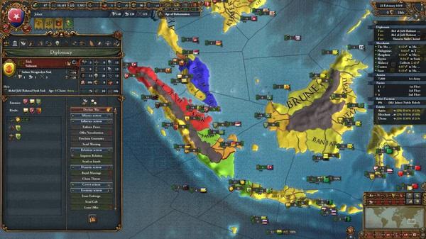 Europa Universalis IV screenshot showing the diplomacy panel and a strategic map of Southeast Asia with highlighted territories.