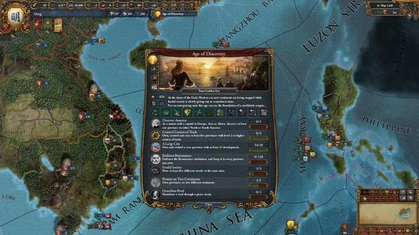 Europa Universalis IV screenshot showing the Age of Discovery mechanics panel over a map of East Asia and the Pacific Ocean.