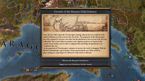 Europa Universalis IV screenshot showing an event pop-up about the growth of the Murano glass industry in the Byzantine Empire.