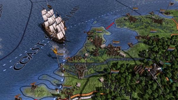 Europa Universalis IV screenshot showing a sailing ship near the coast of Holland with detailed map visuals of cities and terrain.