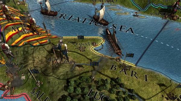Screenshot from Europa Universalis IV showing medieval ships in the Adriatic Sea near Bari and armies on the Italian coast.