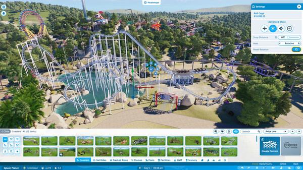 Planet Coaster 2 screenshot: A sprawling theme park with a large roller coaster winding around a water feature and lush greenery.