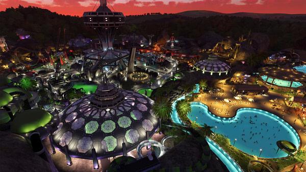 Planet Coaster 2 screenshot featuring a futuristic theme park with lit-up rides, domed structures, and a vibrant nighttime setting.