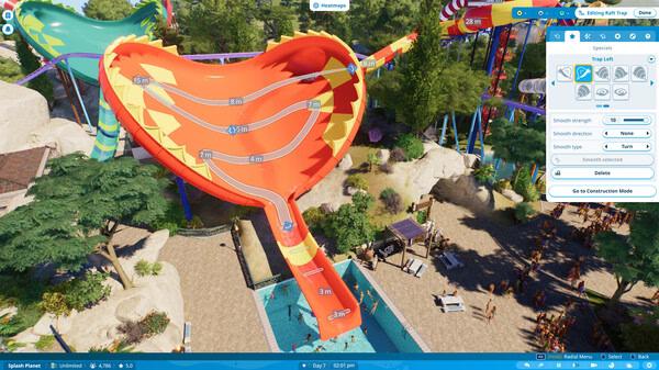 Planet Coaster 2 screenshot: A vibrant water park scene featuring a large, colorful slide surrounded by trees and pathways.