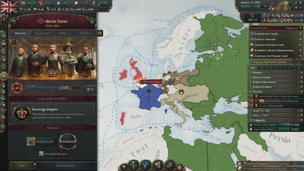 Victoria 3 screenshot: A political map showing the British Empire's influence in Europe, alongside a detailed diplomatic panel.