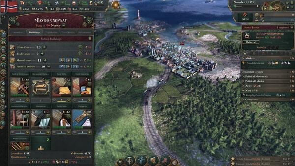 Screenshot from Victoria 3 showing the city of Eastern Norway, with detailed urban building options and landscape view.