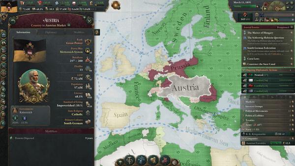 Victoria 3 screenshot: A map view of Europe highlights Austria. Panels show Austria's detailed stats and objectives.