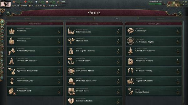 Victoria 3 screenshot showing the Politics menu. Various laws are visible under categories like Economy and Human Rights.