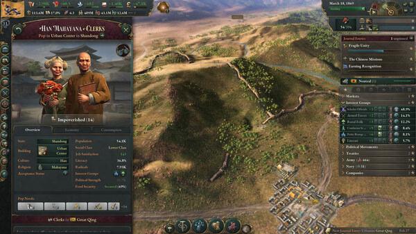 Victoria 3 screenshot: Overview of Han Mahayana Clerks with detailed stats in the pop-up panel, and a scenic landscape background.
