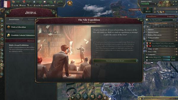 Victoria 3 screenshot: Journal entry details the Nile Expedition while a map of surrounding regions is visible in the background.