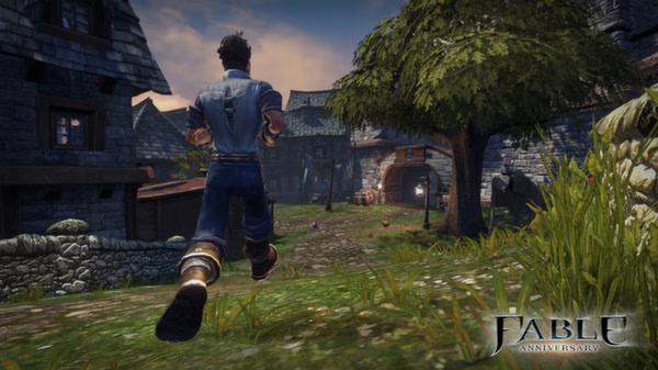 A screenshot from Fable Anniversary shows a character running through a medieval village with stone buildings and a large tree.
