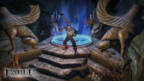 A Fable Anniversary screenshot showing a hero standing on a glowing stone platform surrounded by statues and forest scenery.