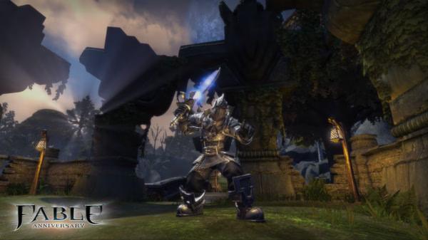 A screenshot from Fable Anniversary showing a warrior in armor wielding a glowing sword in a lush, ruined landscape.