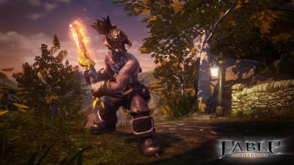 A Fable Anniversary screenshot showing a warrior wielding a fiery sword, standing outdoors near trees and a stone structure.