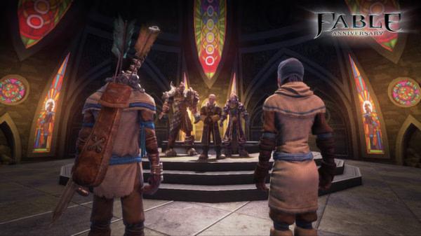 Fable Anniversary screenshot: Two adventurers face a group of characters in a grand hall with colorful stained glass windows.