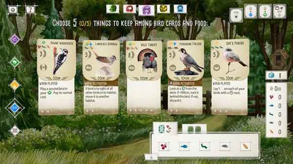 Wingspan screenshot: A selection of bird cards, including Dwarf Nuthatch and Wild Turkey, is displayed for a player to choose from.