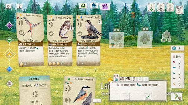 Screenshot from Wingspan showing bird cards, including Burrowing Owl and Peregrine Falcon, with game stats and player actions visible.