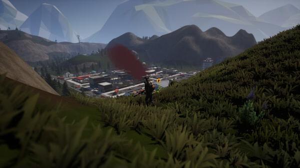 SurrounDead screenshot: A lone character stands on a grassy hill overlooking a town with mountains in the background.