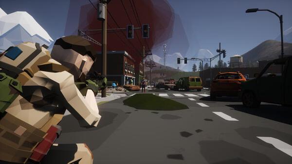 SurrounDead screenshot: A character crouches on a deserted street with abandoned cars and a red building in the background.