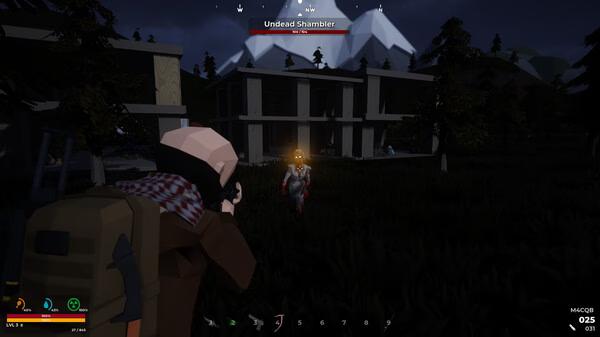 SurrounDead screenshot: Player aims at an Undead Shambler in front of a building, surrounded by trees and mountains at night.