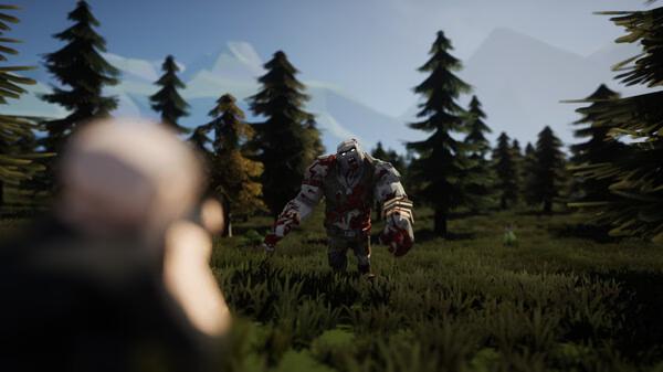 SurrounDead screenshot: A player aims at a large, bloodied zombie approaching in a forested area with mountains in the background.