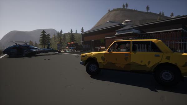 A SurrounDead screenshot showing a yellow car, a crashed helicopter, and buildings in a mountainous, post-apocalyptic setting.