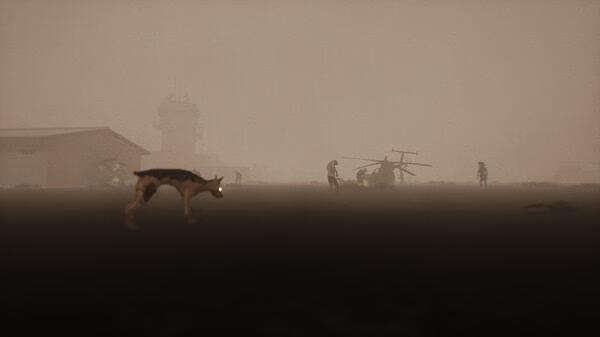 SurrounDead screenshot: A foggy landscape with a dog, a helicopter, and figures in the distance near a building and radar tower.