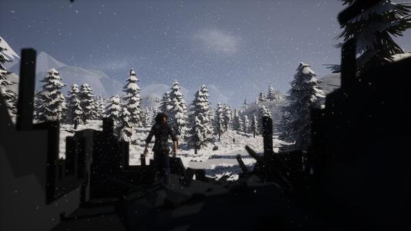 SurrounDead screenshot: A lone survivor stands in a snowy forest surrounded by ruined structures under a cloudy sky.